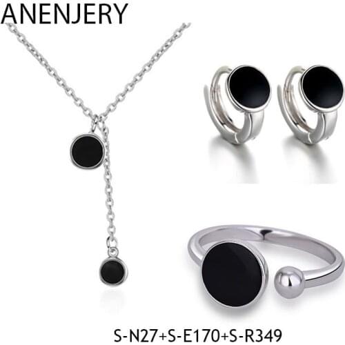 925 Sterling Silver Simple Epoxy Black Round Wafer Necklace+Earrings+Ring For Women Jewelry Sets Korean Jewelry