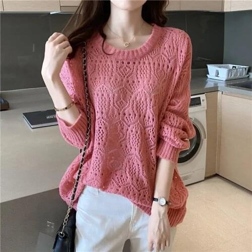 Hollow Out Knitted Top Women Loose Autumn New Thin Elegant Casual Solid Color Loose Long Sleeve O-neck Sweater Smock Pullover XL