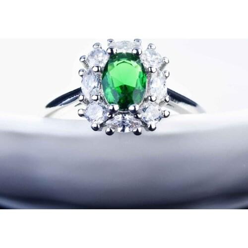 2021 Silver New Fashion Simulation Green Emerald Color Treasure Ring Full Diamond Group Inlaid Adjustable For Women Fine Jewelry