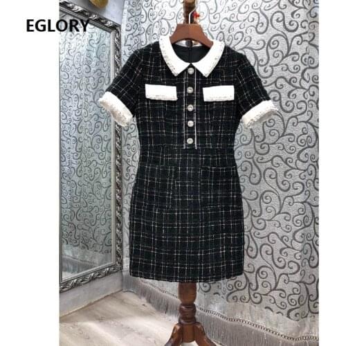 Wool Dress 2020 Autumn Winter Style Women Turn-down Collar Geometric Patterns Crystal Beading Deco Short Sleeve Bodycon Dress OL