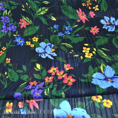 2017 Blue black green flowers 100% silk satin Georgette Silk cloth Shun Yu fold dress fabric