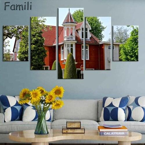 5 Panels Canvas Art Amsterdam House Canal Home Decor Wall Art Painting Canvas Prints Pictures for Living Room Poster Unframed