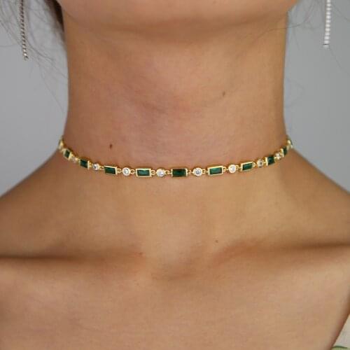 Geometric baguette round cubic zirconia cz station link chain red green stone choker necklace for women