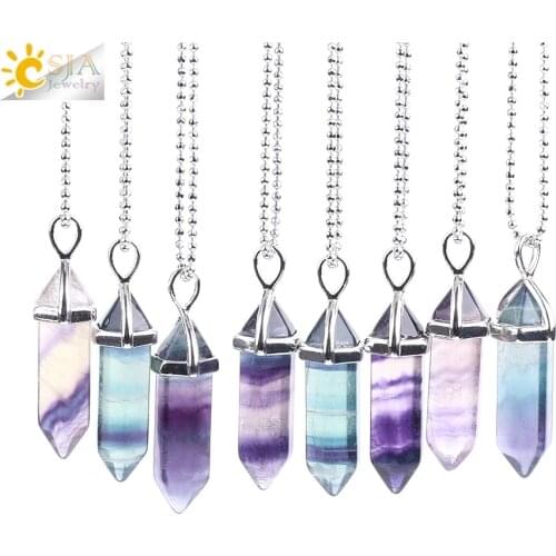 CSJA Fluorite Necklaces Crystal Pendants Suspension Natural Gem Stone Quartz Bullet Hexagonal Pendulum Reiki Chakra pendulo E546