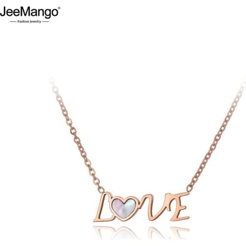 JeeMango Office Style Stainless Steel White/Black Shell Love Choker Necklaces For Women Fashion Charm Pendant Necklace JN19219
