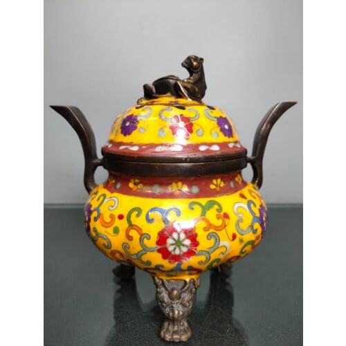 Chinese temple collection Old Bronze Cloisonne Enamel Three-legged beast head Suzaku statue incense burner Ornaments Town House