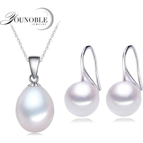 Wedding 925 Sterling Silver Jewelry Sets Natural Pearl Stud Earrings Custom Bohemian Pendant Chain Necklace For Women