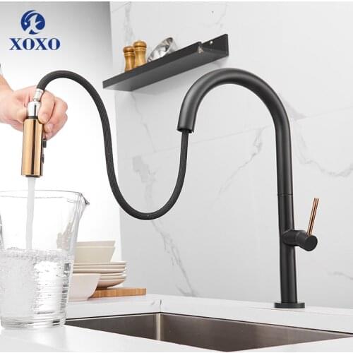 XOXO Kitchen faucet Pull Out Cold and Hot mixer tap Single Holder Black Deck Mounted water faucet kitchen sink faucet 1345A-H