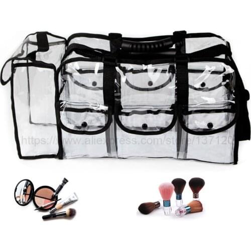 Fashionable square transparent makeup Cosmetic storage travel Toiletry bag with shoulder strap and small side button tissue bags