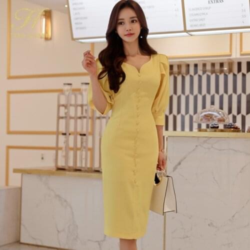 H Han Queen 2021 Spring Sexy Sheath Pencil Dress Korean V-neck Single-breasted Puff Sleeve Work Party Slim Bodycon Dresses