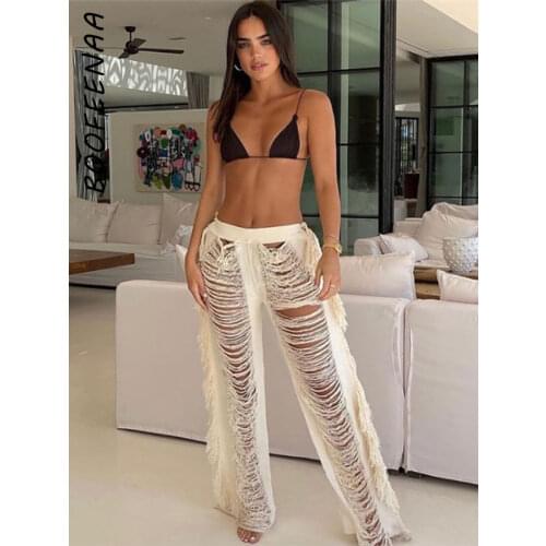 BOOFEENAA Sexy Hollow Out Hole Knitted Pants with Fringe on The Side Beach Cover Up Vacation Bottoms Fall Trousers C87-FG52