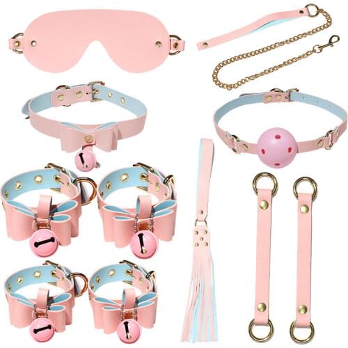 Jiuai Sex Products 8 Pcs Leather Bondage BDSM Kits Handcuffs Legcuffs Neck Leash Gag Whip For Couples Accessories