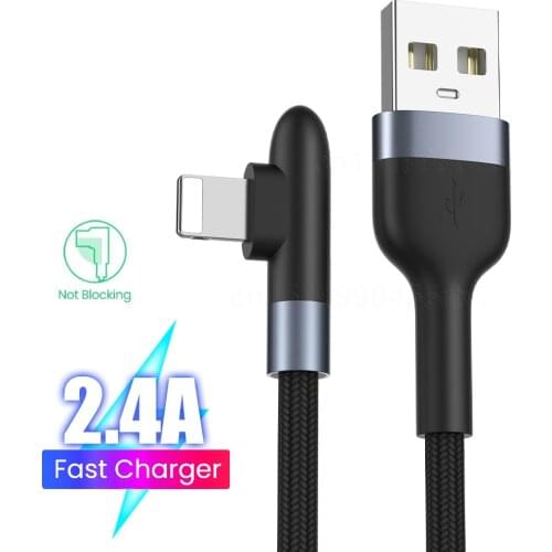90 Degree USB Charging Cable For iPhone 12 11 Pro Max X XR XS 8 7 6s 5 iPad Nylon 2.4A Fast Charging Charger Data Cable 0.3/1/2M