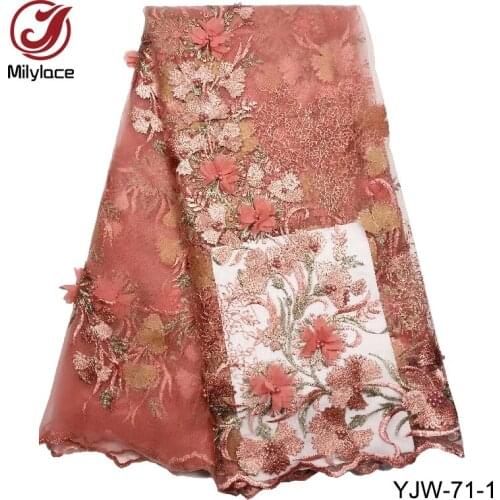 Embroidered French Tulle Lace Fabric with Stones and Beads African Net Lace Fabric with 3d Flowers 5 Yards Per Lot YJW-71