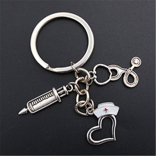 WKOUD 1pc Silver Color Nurse Hat & Stethoscope & Syringe Keychain DIY Creative Medical Staff Charm Alloy Key Chain findings