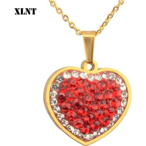 XLNT Gold Color Red Crystals Heart Pendant Necklace for Valentines Day Gift of Love Stainless Steel Necklace Jewelry
