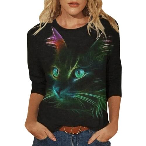 Funny Womens Casual Pullover Cute Cat 3D Printing Long Sleeve Top Fashion Spring and Autumn Personality T-shirt Clothing S-5XL