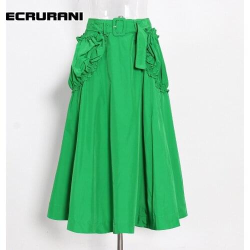 ECRURANI Patchwork Green Casual Skirt For Women High Waist Pockets Ruched Solid Elegant Midi Skirts Female 2021 Fashion Clothing