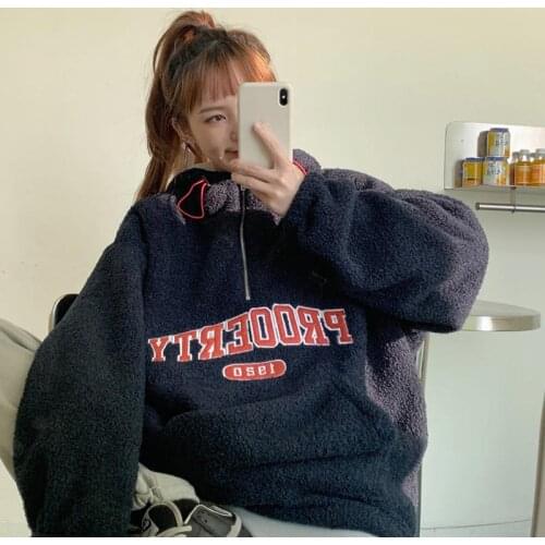 Womens Hoodies Autumn Winter Lamb Velvet Warm Zipper Hoodie Simple Letter Harajuku Sweatshirt Loose Oversize Sweet Pullovers