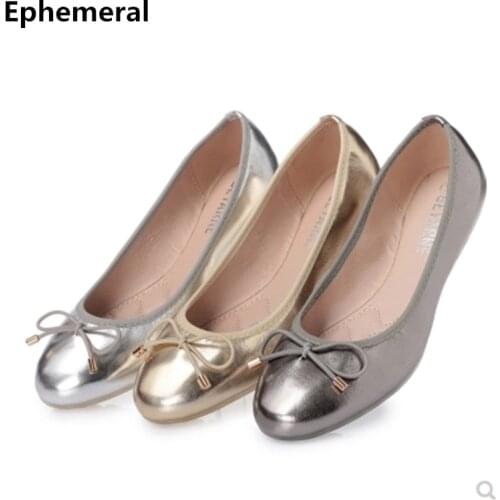Female Flat Shoes Dancing For Women Ballroom Soft Bottom Low Cutter Slip-Ons With Bow Round Toe Silver Gold Plus Size 35 -41 39