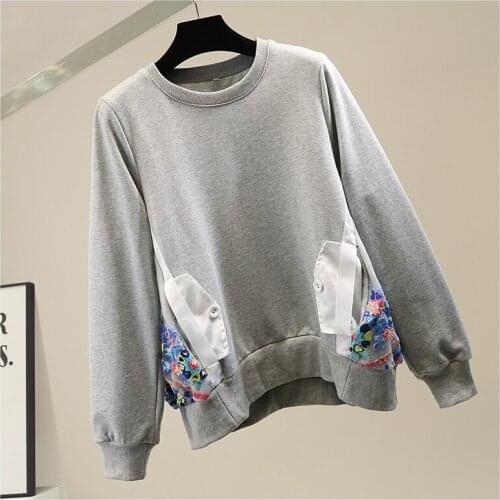 Pullover Hodies Women 2021 Spring Female Clothes Embroidery Lace Mesh Patch Round Neck Long Sleeve Grey Blue Sweatshirt Femme
