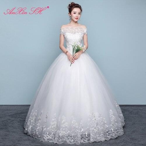 AXJFU princess boat neck white flower lace wedding dress vintage boat neck ruffles illusion party turkey white wedding dress
