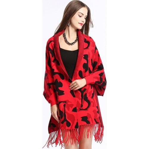 ZJZLL Korean Version Fall Winter Women Coats Soft Warm Multicolor Camouflage Kint Ponchos Cape With Sleeves Tassel Female Cloak