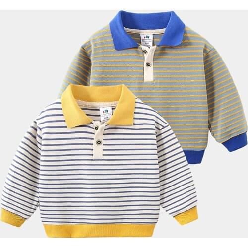 2021 Spring Autumn 2 3 5 6 8 Years School Children Cotton Turn-Down Collar Colorful Striped Patchwork T-shirt For Baby Kids Boys