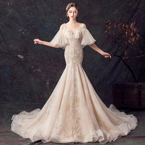 2021 Short Sleeve Appliques Pearls Sequined Lace Flowers Mermaid Wedding Dress Aliexpress Online Shop Vestido De Noiva Sereia