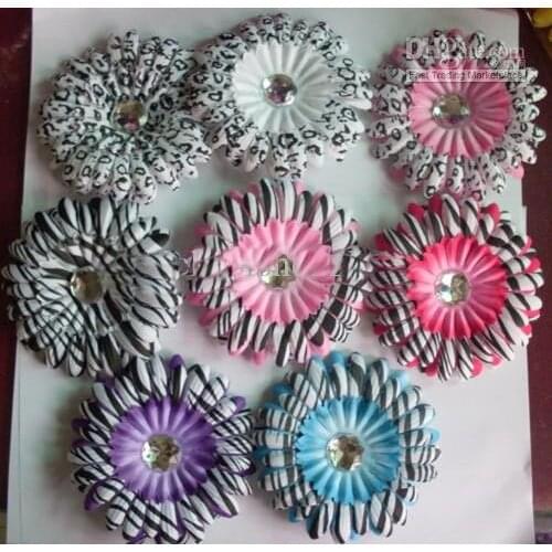 4 Inch Leopard Zebra Crystal Flowers Baby Hair Headband Bows Clip Gerbera Adorn 300pcs