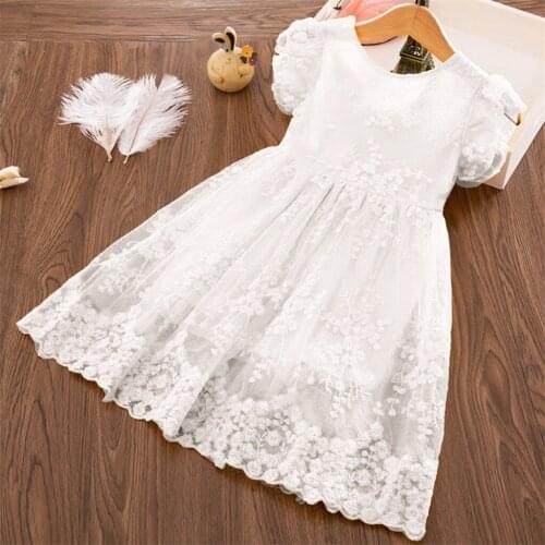 White Lace Princess Dresses For Kids Girls Summer Fly Sleeve Flower Bow Dress Birthday Party Costume Children Clothes for 1-6Y