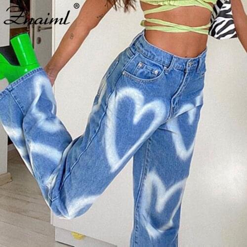 Znaiml Chic Heart Printed Y2K Jeans Women Vintage High Waist Straight Harajuku Aesthetic Mom Jeans Denim Streetwear Trousers