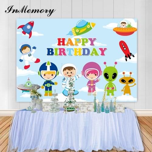 Inmemory Outer Space Party Photography Backdrop Cartoon Astronaut Saucerman Sky Blue Cloud Kids Birthday Background Customized