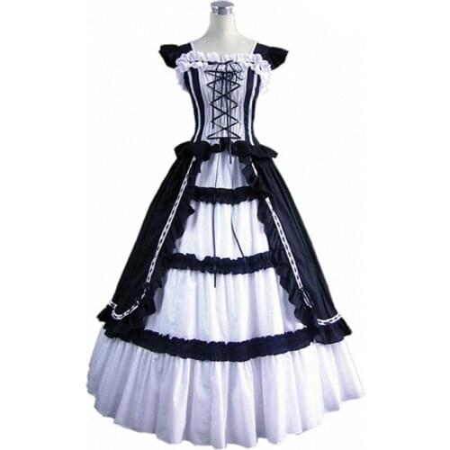 GT018) Black White short Sleeve Lolita Prom Dress New Fashion Women Long Dresses