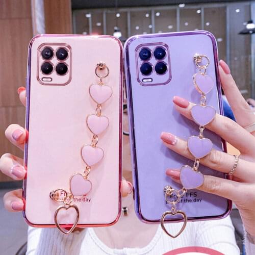 Wrist Bracelet Phone Case For Oppo Realme 8 Case Luxury Love Heart Chain Plating Cover For Oppo Realme 8 7 Pro 4G 5G Capa Fundas