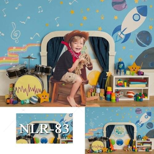 Space Rocket Background Drum Set Music Theme Backdrop Photo Booth Child Baby Cake Smash Birthday Party Decor Background Banner