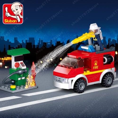 Minifigure DIY SLUBAN Develops Brain-AssemBled Building Blocks Childrens Toys Intelligence Fire-Fighting Heroes Fire Truck gift