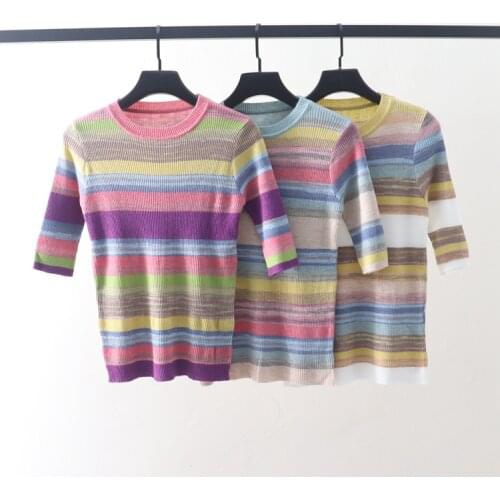 Fashion 2021 Spring Fall Knitwear Middle-sleeve Ultra-fine Wool Stretch Rainbow Sweater Women Slim Casual Striped Bottoming Tops