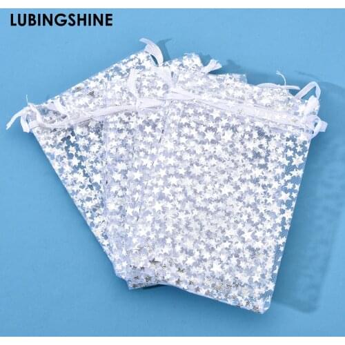 50Pcs/lot High Quality Fashion Star White Organza Bags Nice Jewelry Packaging Bags Wedding Christmas Gift Pouches Bag 9x12cm