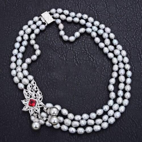 22" 3 Strands Gray Rice Pearl Necklace Sea Shell Pearl CZ Pendant