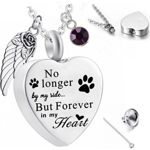 Cremation Urn Necklace for Ashes Pet Paw Print Angel Wing Jewelry Memorial Pendant and Birthstone Crystal - No Longer by My Side
