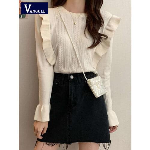 Vangull Women Ruffles Pullovers Sweater Autumn Winter O-Neck Knitted Loose All-match Retro Casual Flare-Sleeved Pullovers Tops