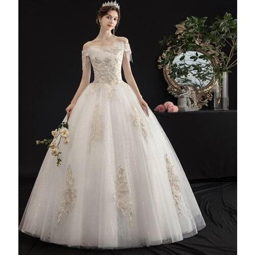 Luxury Bride Wedding Dresses Appliques Beadings Off The Shoulder Elegant Bride Dresses Gold Lace Vestidos De Novia 2021