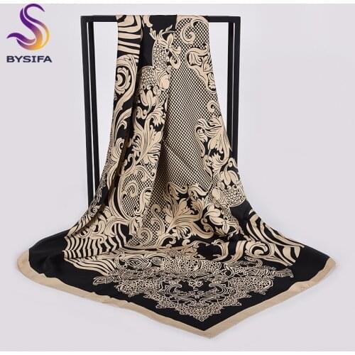 [BYSIFA] Black Beige Winter Scarves Women New Brand Dull Satin Square Silk Scarf Shawl Ladies Neck Head Scarf Hijab 100*100cm
