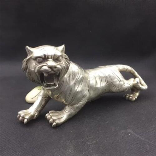 Chinese Tibetan Silver Carving Tiger Zodiac Animal Statue Auspicious Gift Home Fengshui Success Decoration Bronze Statue