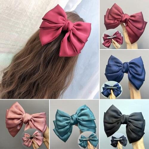 Three-layer Ribbon Fabric Bow Hair Clip Wine Red Satin Large Steel Clip Women Girl Spring Clips