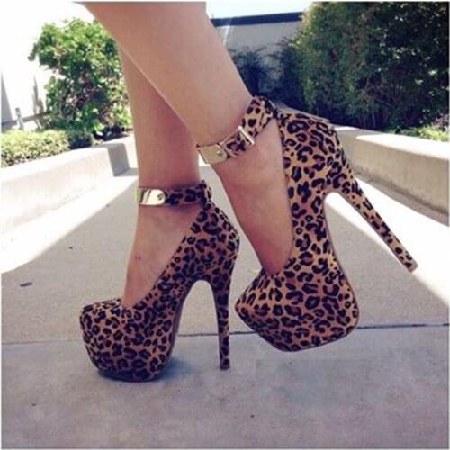 Stylish Brown Leopard cloth ankle strap gold trim 14.5 cm high-heeled shoes, pointed toe pumps womens shoes party shoes