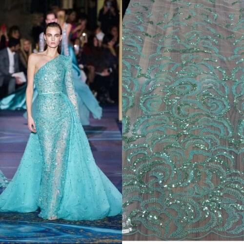 5yards/pc) High quality grey African tulle lace gorgeous tube beads and sequins embroidered French lace for party dress FHS083