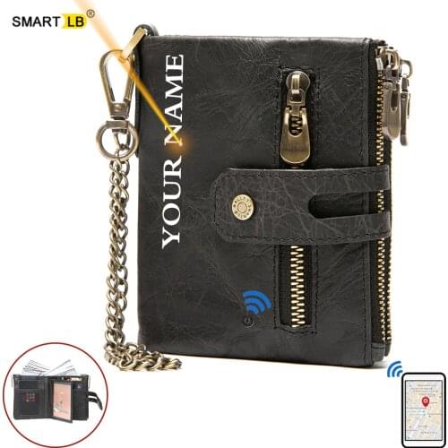 Smart Wallet GPS Record Bluetooth Free engraving Gift Coin Purse Chain Wallet Genuine Leather Card Holders Men Ziper Wallets