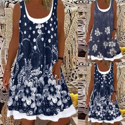 Vintage Floral Print Summer Dress Ladies Sleeveless A-line Short Casual Loose Dresses 2021 Fashion Strapless Blue Mini Sundress